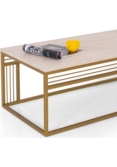 Milano Lüks Orta Sehpa Metal Ayaklı Traverten Üst Tablalı Dikdö Altın