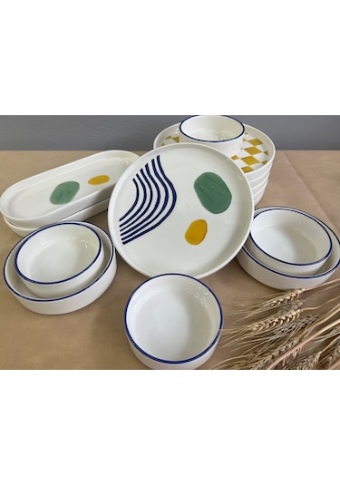Kevin Seramik Modern Hand Made 14 Parça 6 Kişilik Lüxs Kahvaltılık Sunum Tabağı Seti Mavi - Sarı - Yeşil
