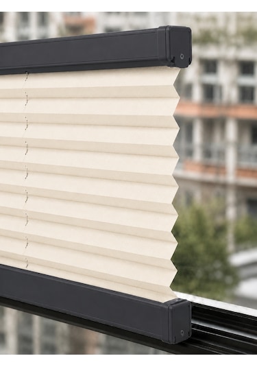 Plise Perde Krem Kumaş + Antrasit Profil Kasa Cam Balkon Perdesi