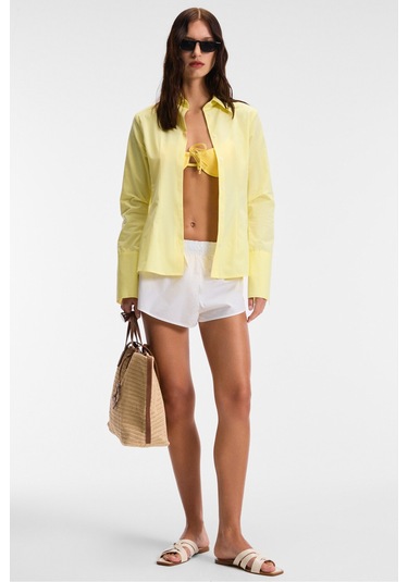 PAPILUS Kadın Regular %100 Organik Pamuk İnce Uzun Gömlek Yaka Uzun Kollu Sarı Gömlek