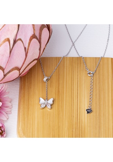 Kelebek Sedef Zirkon Taşlı Model 925 Ayar Gümüş Kadın Kolye Gümüş