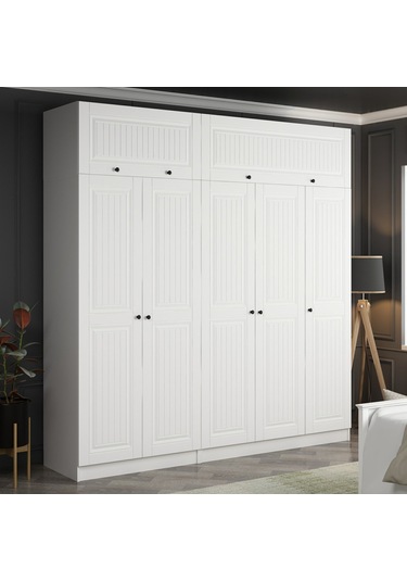 Minar Kale 5 Mebran Kapaklı 2 İç Çekmeceli Dolap Ve Yüklük Beyaz 255cm Beyaz