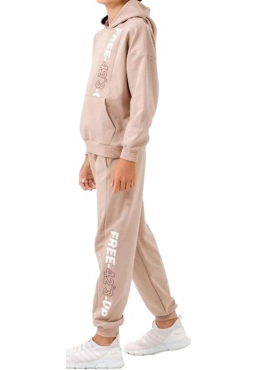 Erkek Çocuk Free Koordinat Yazılı Kapüşonlu Kanguru Cepli Bej Renk Eşofman Takımı Bej
