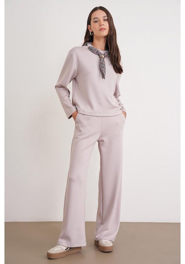 2026 Kadın Fular Detaylı Modal Alt Üst Eşofman Takım Bej Bej