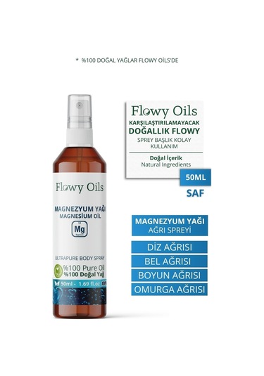 Flowy Oils Saf Magnezyum Yağı Doğal Bitkisel Sprey Masaj Yağı 50 ML