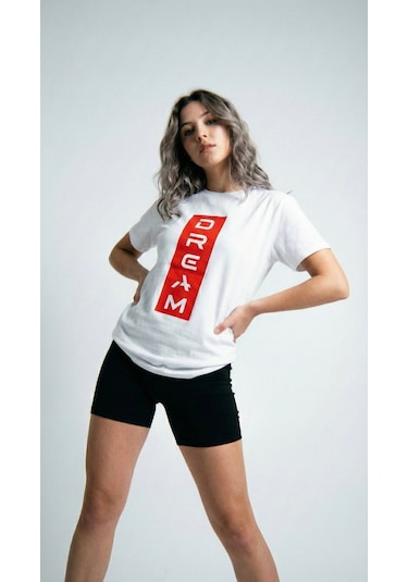 Unisex Düz Renk Dream Dijital Baskılı Bisiklet Yaka Basic Tişört Beyaz