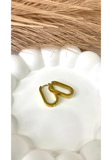 Altın / Gold Renk Oval Dikdörtgen Çelik Küpe Gold