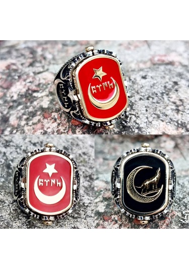 Fkgümüş Kırmızı Mineli Ay Yıldız Siyah Mineli Bozkurt Yüzük