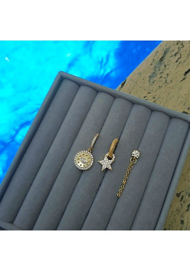 Mistik Figürlü Üçlü Çelik Küpe Gold