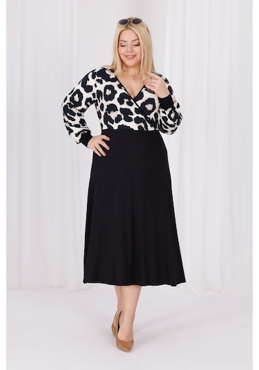 Kadın Vizon Siyah Leopar Desen Bloklu Kruvaze Yaka Balon Kol Büyük Beden Esnek Maxi Elbise Vizon