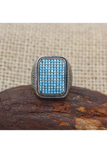 Mikro Firuze Taşlı 925 Ayar Gümüş Erkek Yüzüğü Gümüş