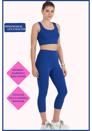 Kadın Yüksek Bel Toparlayıcı Kapri Tayt Saks Mavi Dar Paça Karyoka Dikiş Detaylı Capri 1020 Sax Mavi