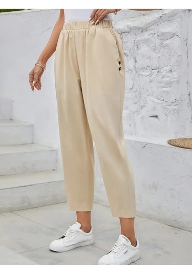 Munn Collection Kadın Yüksek Bel Yandan Cepli Düğme Detaylı Geniş Kesim Ithal Krep Pantolon Bej