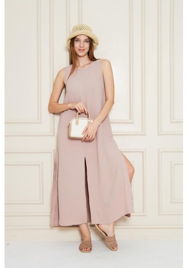 Kadın Sıfır Kol Aerobin Kumaş A Kesim Yırtmaçlı Maxi Yazlık Elbise 3760330 Pudra