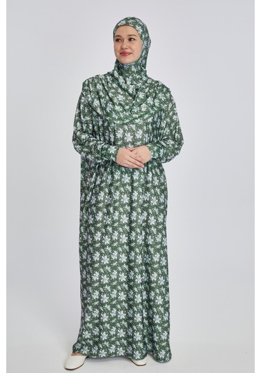Pratik Tek Parça Manolya Desenli Namaz Elbisesi Haki