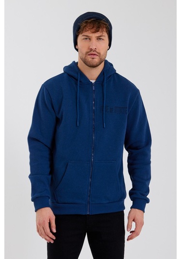 Age Of State Nakışlı Fermuarlı 3 İplik Sweatshirt İndigo