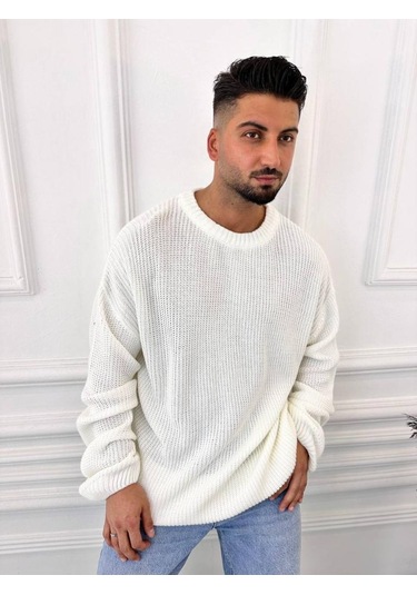 Kazak Oversize Çift Kat Örme Naturel Pamuk Bol Kesim Tüylenmeyen Salaş Triko Kazak Beyaz