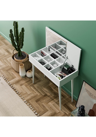 2220 Flora Düşer Kapaklı Aynalı Ahşap Ayaklı 80 Cm Makyaj Masası