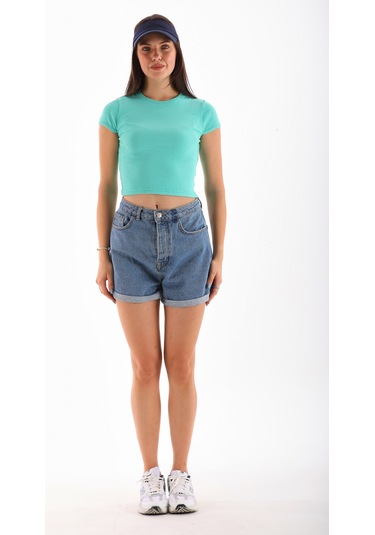 Kadın Likralı Kısa Kol Crop Bluz Mint