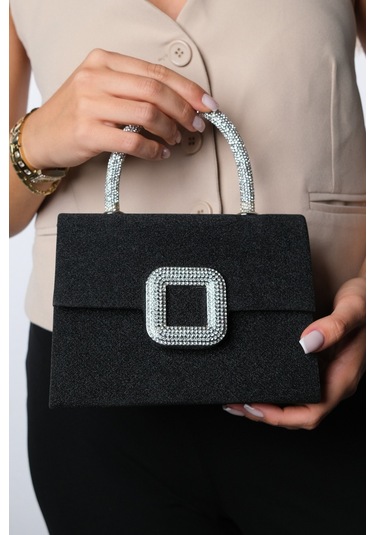 Valeria Siyah Simli Taşlı Kadın El Çantası Siyah Simli