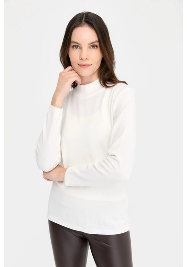 Desen Triko Kadın Likralı Uzun Kol Basic Yarım Balıkçı Bluz 0240016 Ekru Ekru