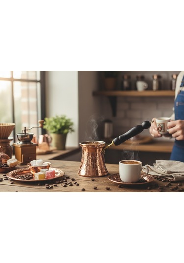 Ludıa İşlemeli Ahşap Saplı El Yapımı Eskitme Bakır Cezve M2