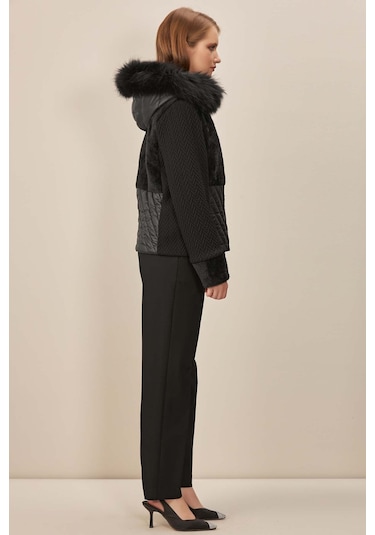 Kapüşonlu Siyah Dokuma Mont Siyah