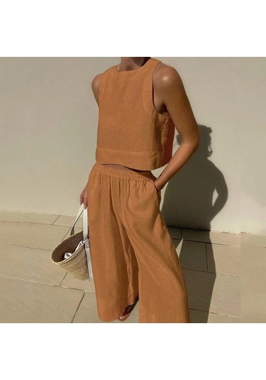 Rahat Yaz Iki Parçalı Set Kolsuz Kıyafetler O Boyun Üstleri Ve Gevşek Geniş Bacak Pantolon Seti Kadın Katı 2 Parça Takım Elbise Giysileri 27723 Kahverengi Rahat Yaz Iki Parçalı Set Kolsuz Kıyafetler O Boyun Üstleri Ve Gevşek Geniş Bacak Pantolon Seti Kadın Katı 2 Parça Takım Elbise Giysileri 27723 Kahverengi