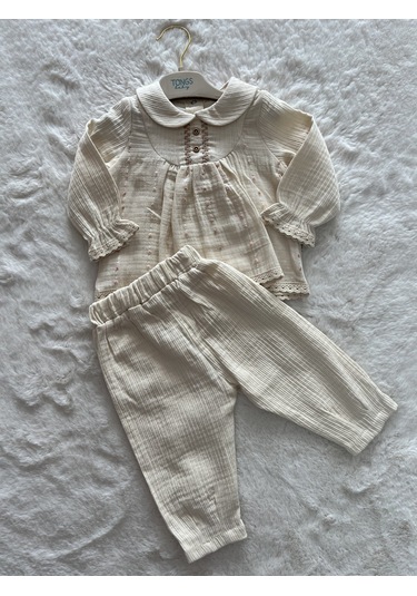 Pembe Noktalı Müslin İkili Kız Takım Ekru