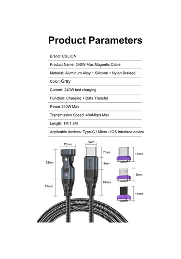 Uslıon Us0203 1.8m Type-c - İp - Type-c - Mikro Dönebilen Konnektör Manyetik Şarj Kablosu 240w Veri Kablosu