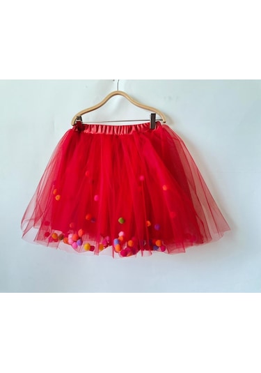 Gala İçi Ponponlu Kız Çocuk Tütülü Etek Kırmızı