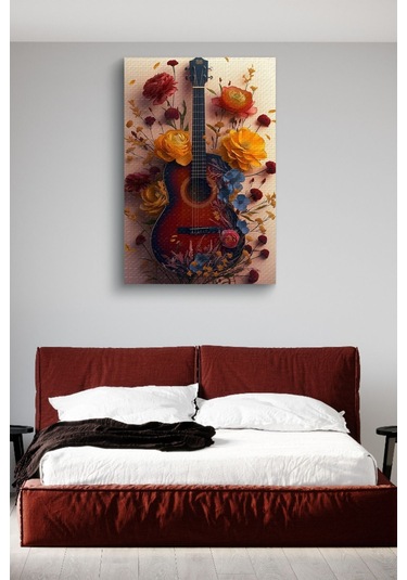 Etrafı Çiçek Kaplı Gitar Yağlı Kanvas Tablo