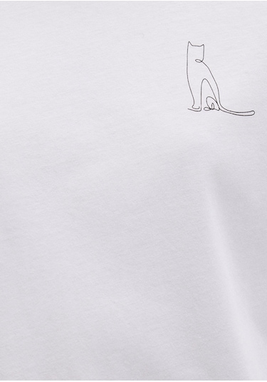 Mavi - Kedi Baskılı Beyaz Tişört 1612298-620 Beyaz
