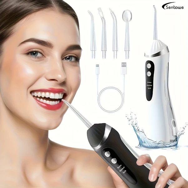 Gateesat Siyah Şarj Edilebilir Kablosuz Diş İpi 3 Mod 4 Nozul 360 Döner Başlık Usb Diş Temizleyici