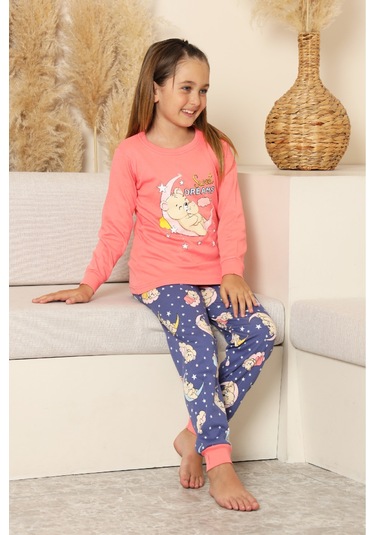 Kız Çocuk %100 Pamuk İnterlok Kumaş Pijama Takımı 6-15 Yaş 12421 Somon Rengi