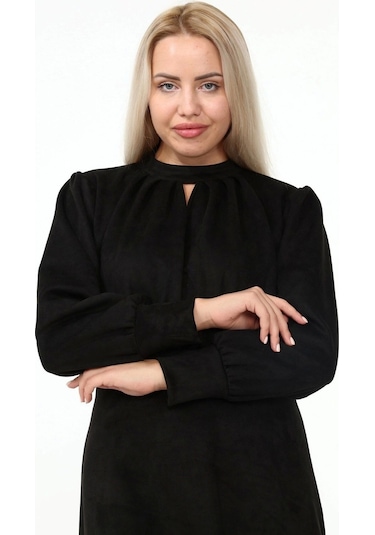 Kadın Süet Hakim Yaka Pile Detaylı Büzgülü Uzun Kol Midi Boy Kloş Kışlık Elbise 4412/110 Siyah