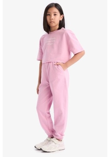 DeFacto Kız Çocuk 2'li Takım Bisiklet Yaka Baskılı Kısa Kollu Tişört Beli Paçası Lastikli Eşofman Altı Z8983A625SMPN444 Pembe