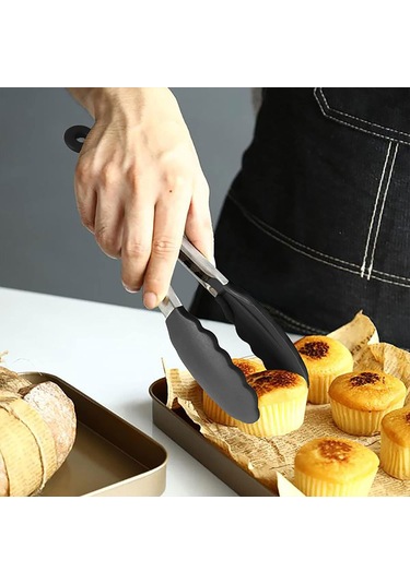 Isıya Dayanıklı Mutfak Maşası Üçlü Set, Paslanmaz Çelik, Pişirme Ve Izgara İçin Uygundur Siyah