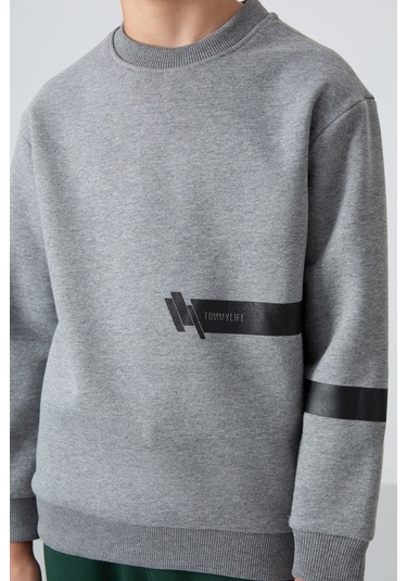 Gri Melanj Pamuklu Kalın İçi Tüylü Yumuşak Dokulu Standart Fit Baskılı Erkek Çocuk Sweatshirt - 11238 Gri Melanj