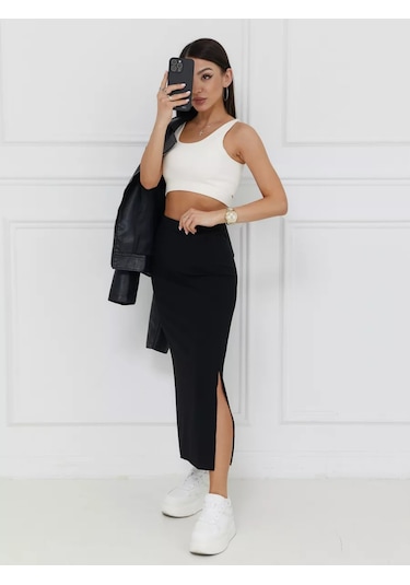 Delvıga Home Collection Yazlık Yırtmaçlı Maksi Etek, Lapşa Blok Yapılı 231046893 Siyah