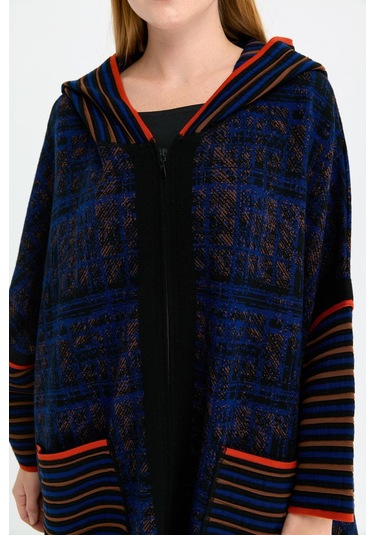 Kadın Kapüşonlu Fermuarlı Panço Siyah Siyah