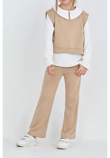 Kız Çocuk 3'lü Takım Pantolon+yelek+bluz 12429 Krem