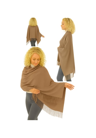 1 Adet Kadın Büyük Bedene Uygun Ekstra Yumuşak Dokulu Püskül Detaylı Kışlık Atkı Omuz Şalı Sütlü Kahve