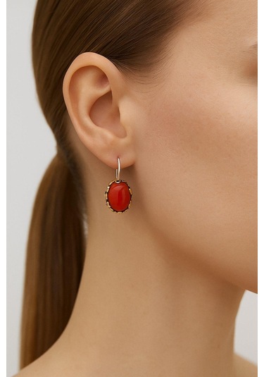 Lale Serisi El İşi Kırmızı Akik Taşlı Gümüş Kadın Küpe Gümüş