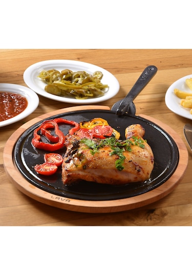 Lava Döküm Ahşap Ve Döküm Demir Hot Plate Servis Tahtası. Çap Ø 34cm.