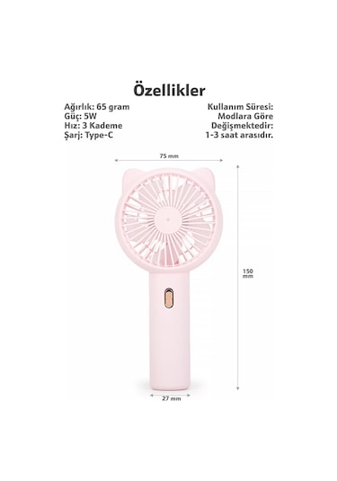 3 Modlu Şarjlı El Fanı 3 Kademe Seyahat Masaüstü Vantilatör Taşınabilir Mini Fan Pembe F136