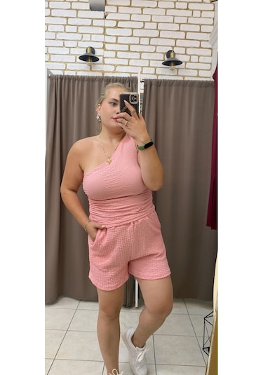 Tuba Toptaş Tek Omuz Gofre Bluz Pembe
