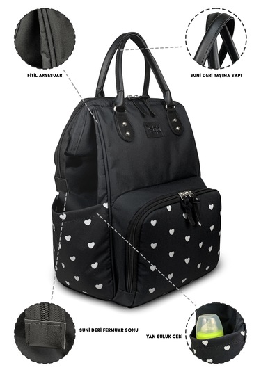 Paris X Pro Kadın Ve Anne Bebek Bakım Sırt Çantası Kalplı Siyah