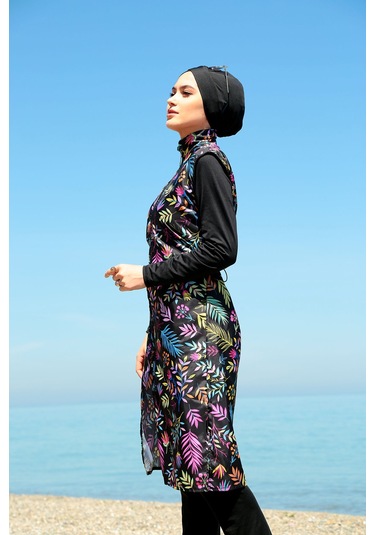 Tam Kapalı Tesettür Mayo Deniz Mayosu Renkli Çiçekler Td21-249 Siyah Siyah