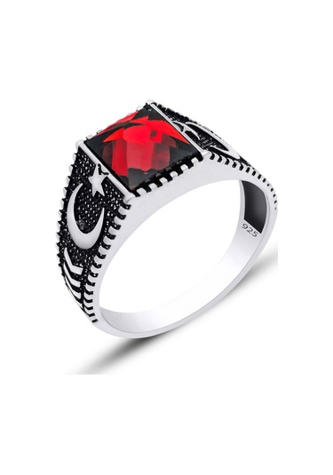 Silvera Telkari Gümüş Ay Yıldız Kırmızı Zirkon Taşlı Erkek Yüzük 925 Ayar St327 Kırmızı